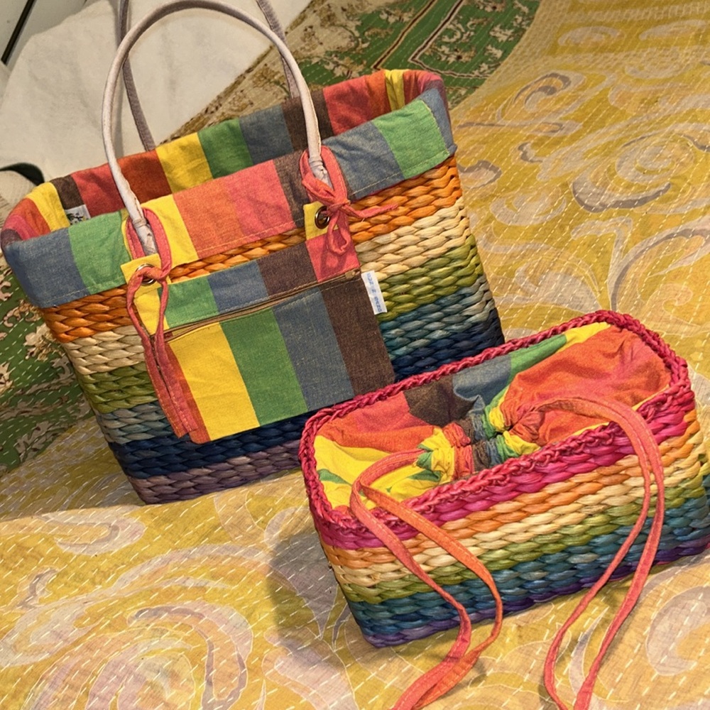 Sun N Sand 2 piece straw lined beach picnic pool bag set fun rainbow colors GUC